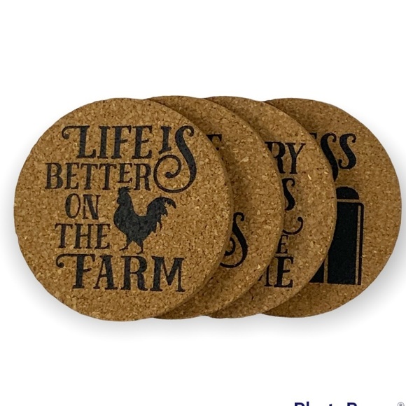 Cork Coaster Set Farmhouse Country Farm Phrases Natural Cork 4 Piece NEW - Picture 4 of 16